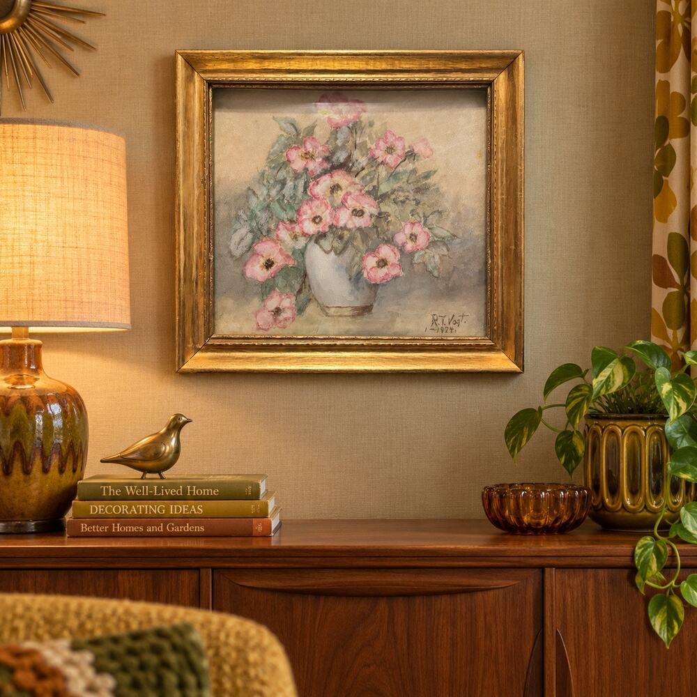 R T Vogt 1974 Original Floral Watercolor Painting Convex Glass Gold Frame 15x14